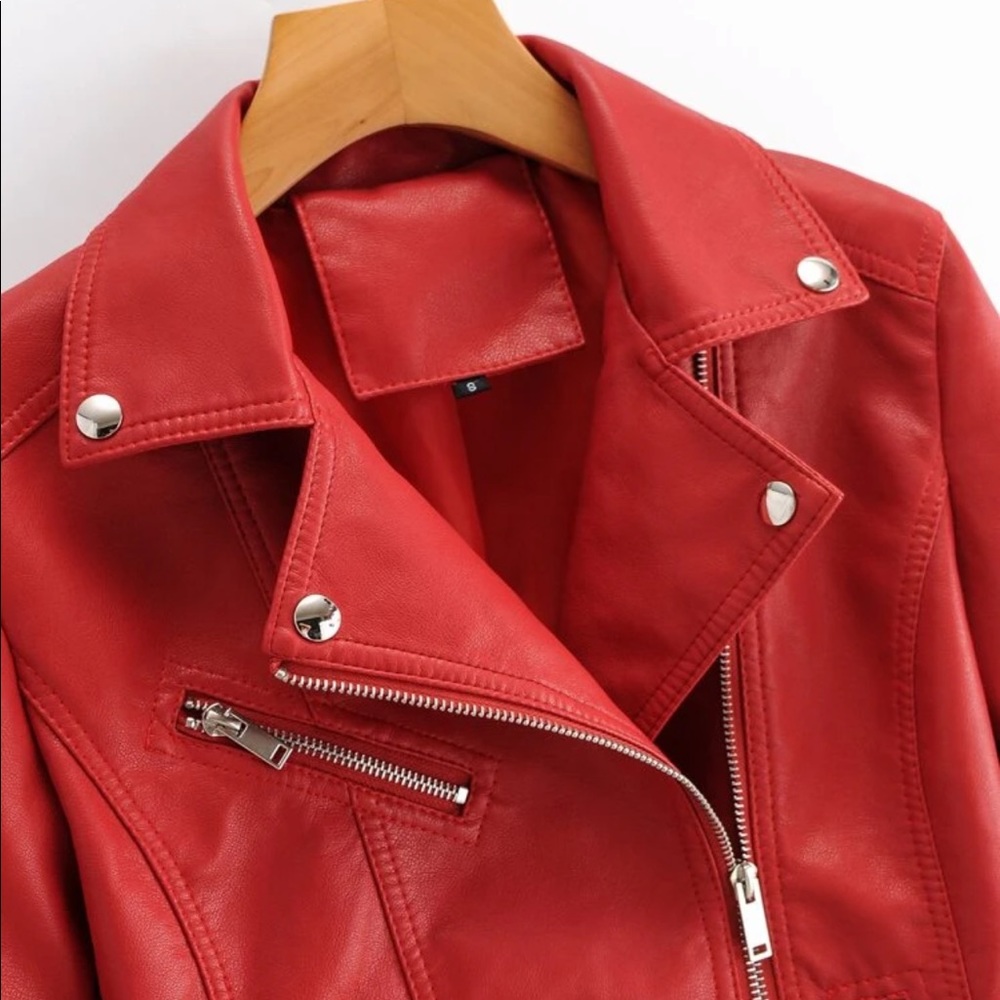 Vegan leather jacket zipper arms glam classic moto red - Picture 3 of 11